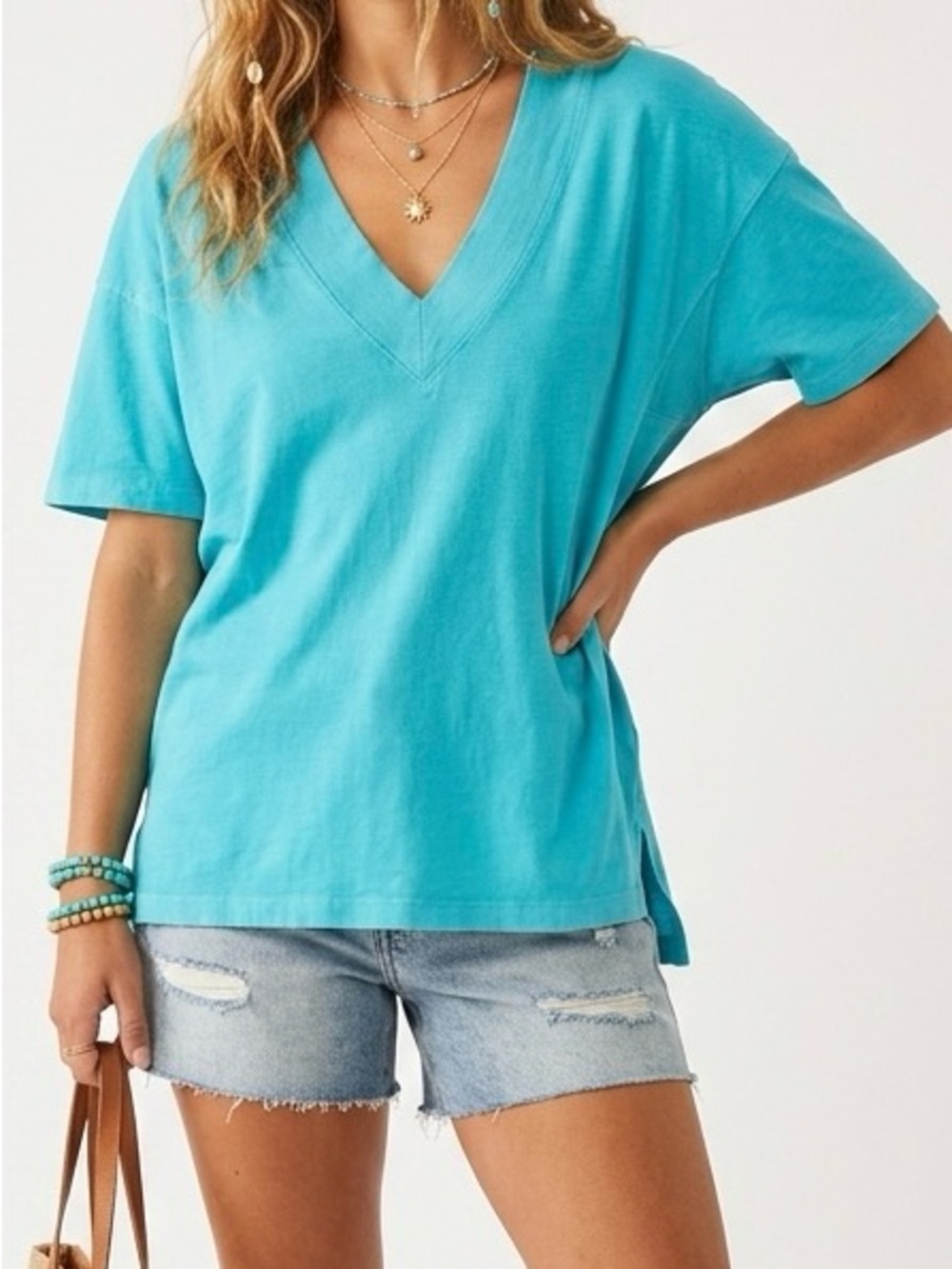 Aerie Oversized V-Neck Boyfriend T-Shirt Blue Vinyl Turquoise Aqua NWT Size XS